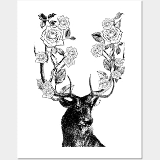 Stag and Roses | Stag and Flowers | Black and White | Posters and Art